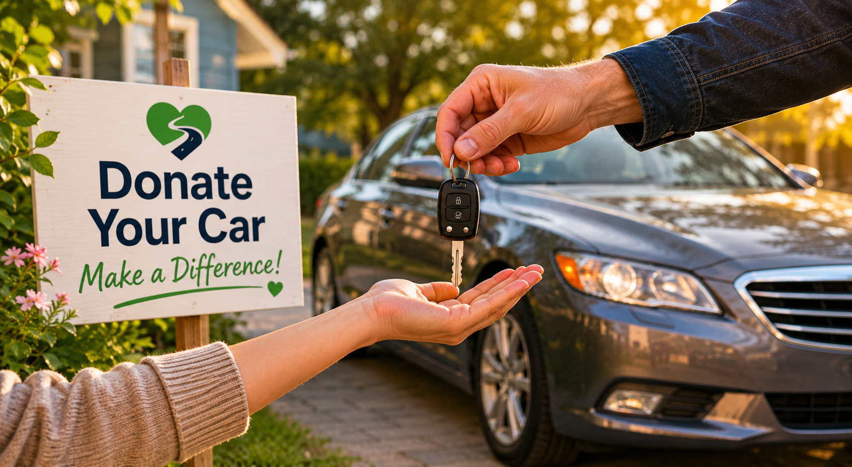 A hand passing car keys to another over an open hand, beside a Donate Your Car — Make a Difference sign