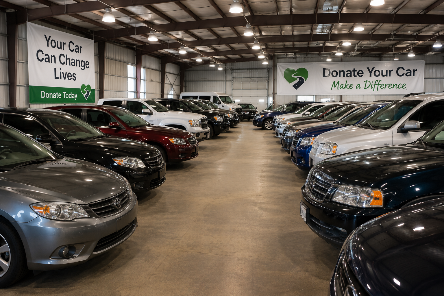 Rows of donated cars, trucks, SUVs and vans ready for processing at a donation center