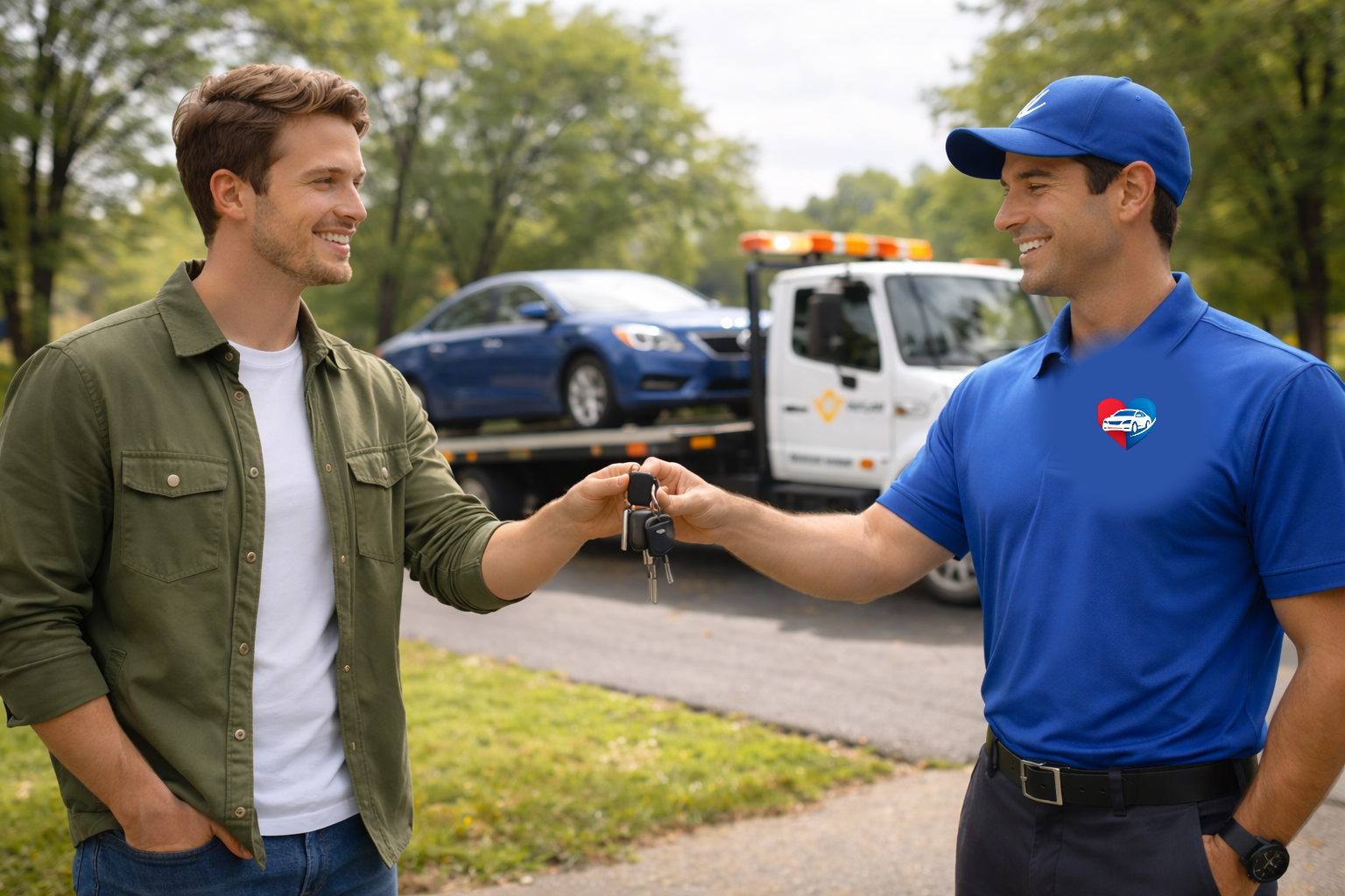 A car owner handing keys to a friendly Donations Make Difference pickup driver beside a tow truck